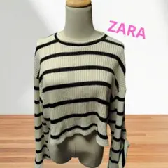 ZARA!ボーダー柄 ショートリブニット 長袖 ホワイト×ブラック黒白春秋向き