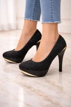 ヒールパンプス 黒 レース ゴールド 美脚 セクシー 高級感 結婚式 パーティー