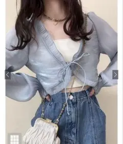 ライトブルー フリル リボン クロップドシャツ