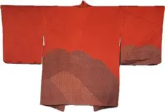 正絹羽織 朱赤×黒細かい柄 裾切り替え 菊唐草裏地付き