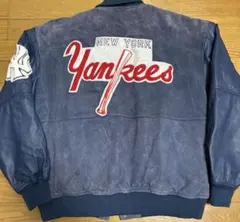 レア ビンテージ ヤンキース 旧ロゴ スウェード袖レザースタジャン ネイビー古着