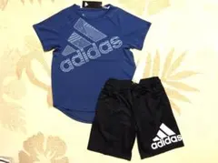 新品★アディダス★150★快適!!グラフィック半袖Ｔシャツ紺・ロゴパンツ黒★上下