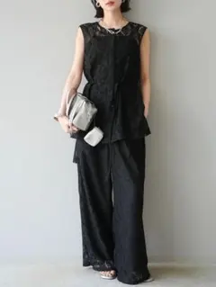 2点SET❣️サテンパイピングレースノースリーブトップス+パンツ 黒 Lumier