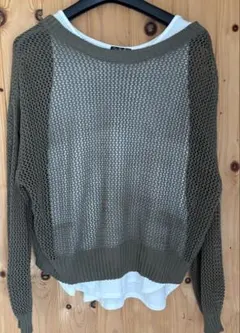 メッシュ編み長袖ニットトップス(タンクトップセット)