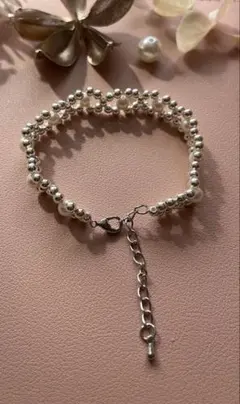 シルバービーズ×パールブレスレット 上品 大人可愛い ハンドメイド