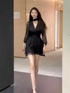 秋冬限定★シースルー袖♪フレアミニワンピース★結婚式/パーティー向け