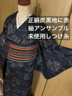 正絹紬　大島風　炭黒地に赤の差し色が映えるアンサンブル着物です。 未使用品