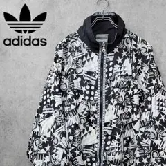 【90s 古着】アディダス 総柄 ナイロンジャケット ブラック×ホワイト
