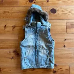 Sky Bomber）デニム ベスト ファー付きフード 綿100％ 中綿