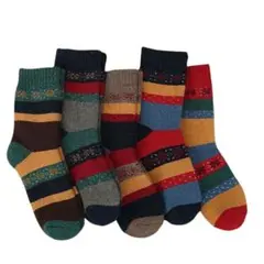 太ボーダー 暖かい 抗寒レディースソックス　ウール混冬5足まとめ売り　極厚裏起毛