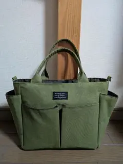 オリーブグリーン帆布◆ポケット沢山トートバッグ◆ハンドメイド◆