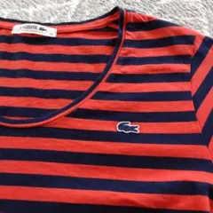 LACOSTE 赤紺ストライプ Vネック Tシャツ 38