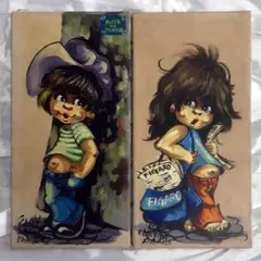 Two paintings of a girl and a boy, artist unknown, from Paris. Artwork, antique, set of two.