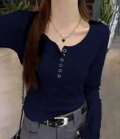 shein ネイビーブルー ヘンリーネック