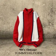 90s オールドトミーヒルフィガー フルジップニット L 縦ライン フラッグロゴ