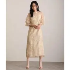 花柄ラメ刺繍 レース チュール フリル袖 オケージョン パーティードレス 黄 M