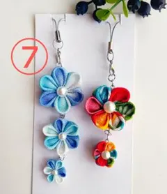 つまみ細工セット⑦カラフル花と水色の花ストラップ