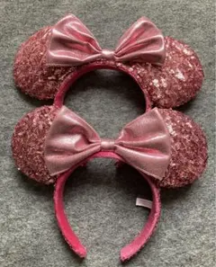 ディズニー　カチューシャ　スパンコール　リボン　ピンク　ラメ　ミニー　ペア　2個