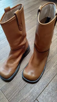 ブラウンレザー ロングブーツ 低ヒール