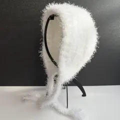 キラふわボンネット バラクラバ 白 ホワイト フード帽 ハンドメイド 編み物