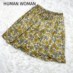HUMAN WOMAN 花柄プリーツスカート【L】ひざ丈 くすみイエロー系のサムネイル