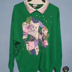 海外古着 ヴィンテージ ビッグプリント ネコ アニマル 襟デザイン スウェット