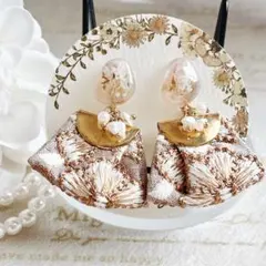 レジン　インド刺繍リボン　淡水パール　ピアス　イヤリング