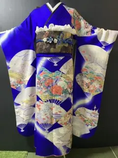群青色にレトロモダンな花扇　豪華振袖成人式7点セット　正絹