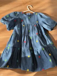 デニム 花柄刺繍 半袖ワンピース