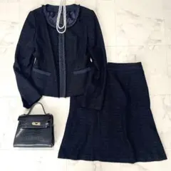 極美品 アンタイトル フォーマル ツイード ノーカラー スカートスーツ 濃紺 4