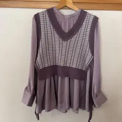 any sisパープル Vネック チェック柄ニットベスト