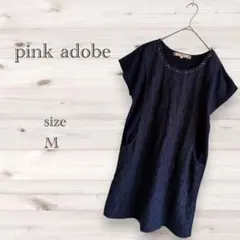pink adobe ネイビー 半袖ワンピース Mサイズ ビジュー レース