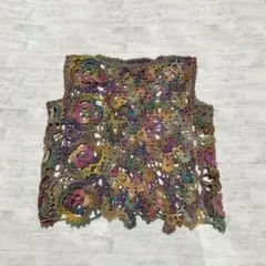 個性派 立体フラワー かぎ編みベスト ボヘミアン エスニック 重ね着　モチーフ編