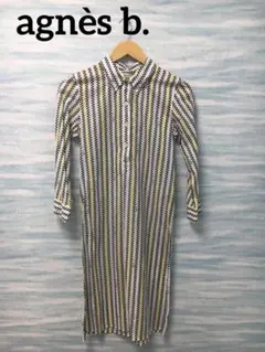 【agnès b. 】白×黒×黄　柄シャツワンピース　Sサイズ