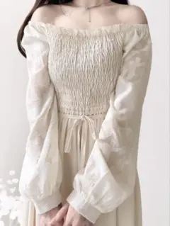 オフショルダー スモッキング ロングワンピース