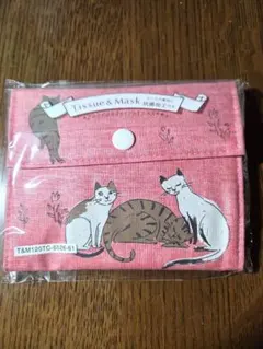 猫柄マスクが入るティッシュケース裏地に抗菌加工付き朱色ポケットティッシュカバー