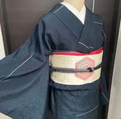 紺色ストライプ小紋着物