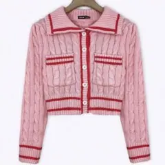 ピンク×レッド ケーブル編み襟付きカーディガン