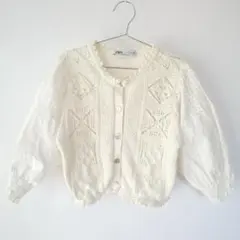 ZARA ホワイト ニット クロシェ パフスリーブ トップス カーディガン