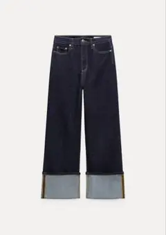 ZARA ダークブルー ストレートデニム カットオフ裾