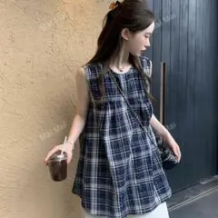 ギンガムチェック　ブラウス　ノースリーブ　チュニック