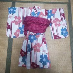 子供用 花柄 赤色 白色 浴衣 110cm 帯付き
