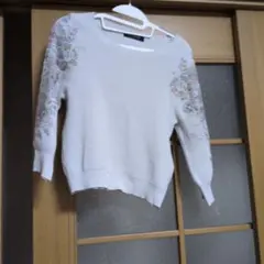QUEENS COURT 刺繍入り五分袖ニットセーター