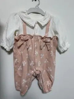 ベビー服　長袖ロンパース　［サイズ73 ］　ホワイト×ピンク