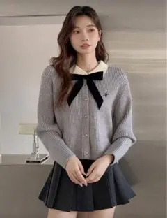 襟付きリブニットカーディガン✿グレー Sサイズ