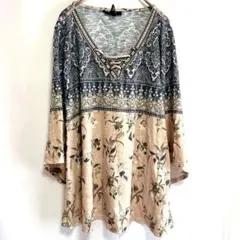 美品✨エスニック ペイズリー チュニック Vネック 七分袖 L 桃 紺のサムネイル
