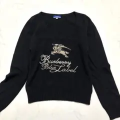 バーバリーロンドン　ビッグホースロゴニット　Vネック　カシミヤ　アンゴラ　黒