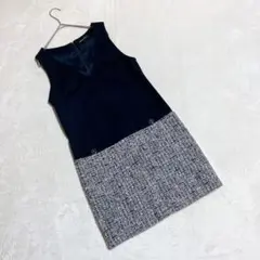 クイーンズコート ＊ 美品 ノースリーブ ワンピース ネイビー ツイード (1)