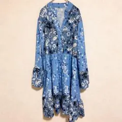 ティアードワンピース 花柄 2XL ビッグサイズ 青 水色 紺