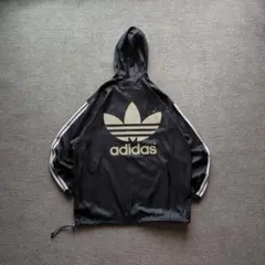 90sオールドアディダスナイロンアノラックパーカー両面プリントハーフジップ黒L
